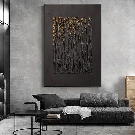 Cuadro Abstracto Negro Texturizado en Oro - Arte Minimalista Wabi-sabi para Sala de Estar