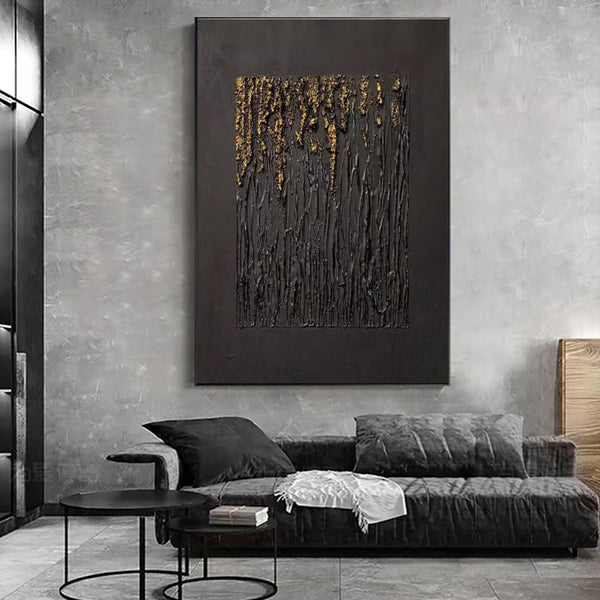 Cuadro Abstracto Negro Texturizado en Oro - Arte Minimalista Wabi-sabi para Sala de Estar