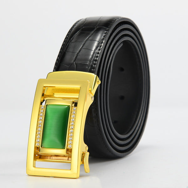 Cinturón Automático de Jade con Patrón de Diamantes y Hebilla de Aleación