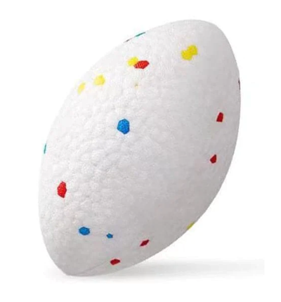 White pet toy ball with textured surface and colorful orange, yellow, and teal hexagonal patterns, 64mm diameter. - Image 6