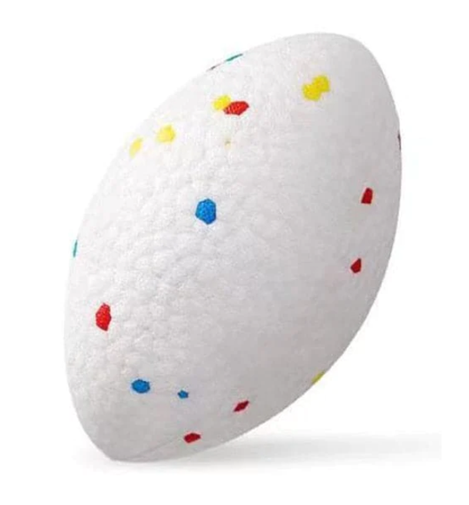 White pet toy ball with textured surface and colorful orange, yellow, and teal hexagonal patterns, 64mm diameter. - Image 6