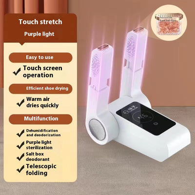 White household shoe dryer with retractable arms, digital display, and control knob, on a light wood floor. - Image 8