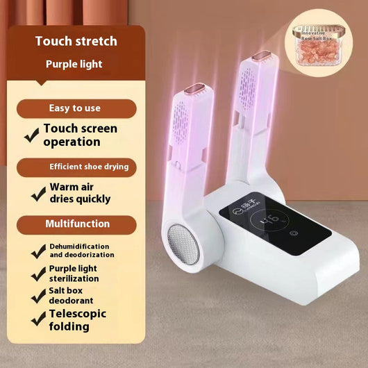 White household shoe dryer with retractable arms, digital display, and control knob, on a light wood floor. - Image 8