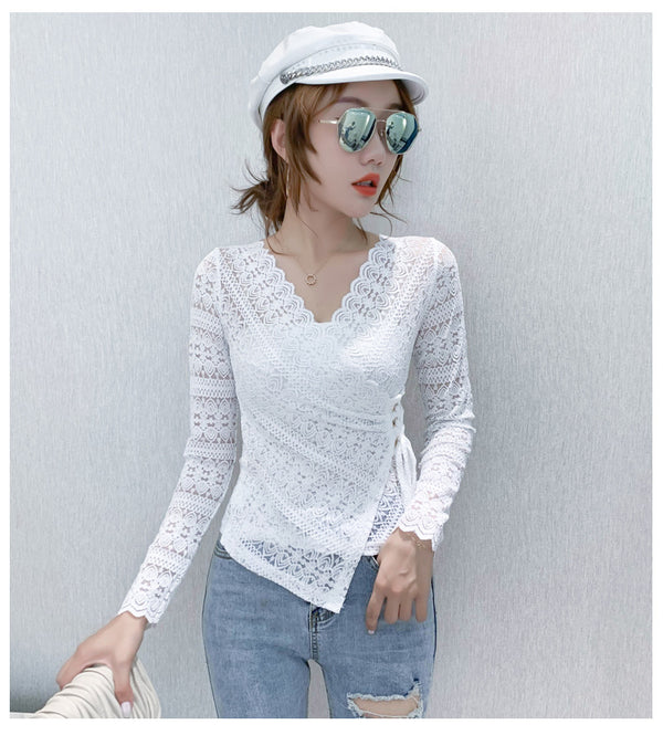 Blusa de Encaje Manga Larga Escote V Sexy para Mujer