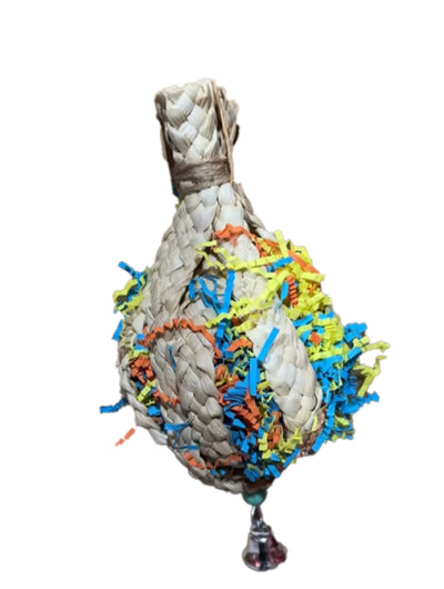 Woven straw paper parrot toy filled with colorful shredded paper, featuring a small bell at the bottom. - Image 6