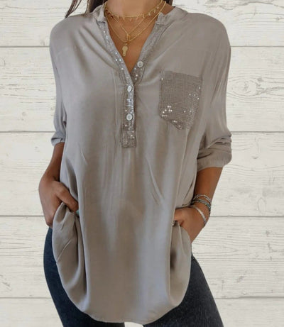 Blusa Casual V-Neck con Bolsillos y Parches Lentejuelas para Mujer - Image 6