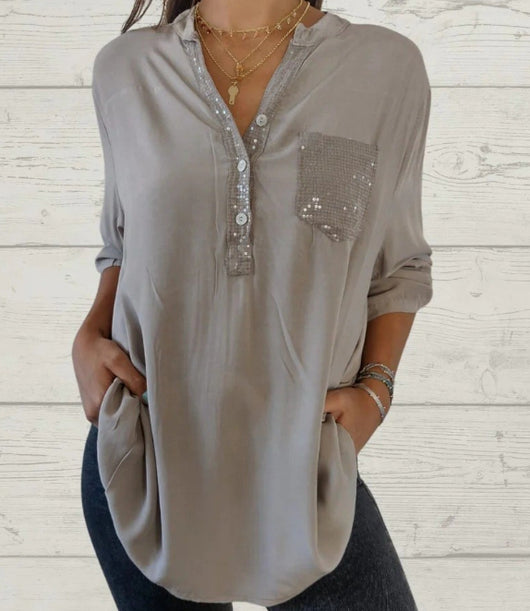 Blusa Casual V-Neck con Bolsillos y Parches Lentejuelas para Mujer - Image 6