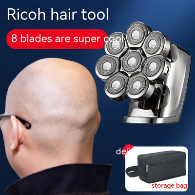 New digital electric shaver with eight rotary blades in a metallic silver finish, designed for a close shave.