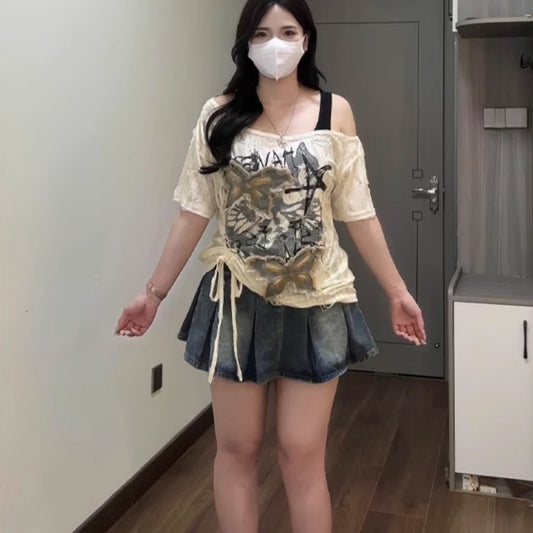 Blusa Mariposa Holgada con Hombro Descubierto - Manga Corta