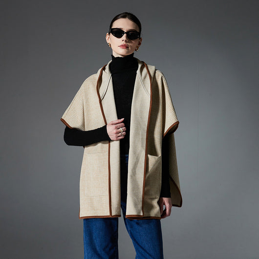 Poncho Chal Cuadrillé Reversible de Lana Doble Faz con Capucha