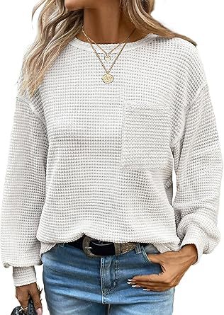 Blusa Tejida Waffle Manga Larga Cuello Redondo para Mujer - Image 2