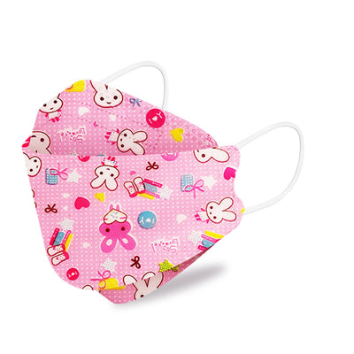 White children's KN95 mask with a cute cartoon pattern of blue bunnies, pink bears, trees, and flowers. - Image 25