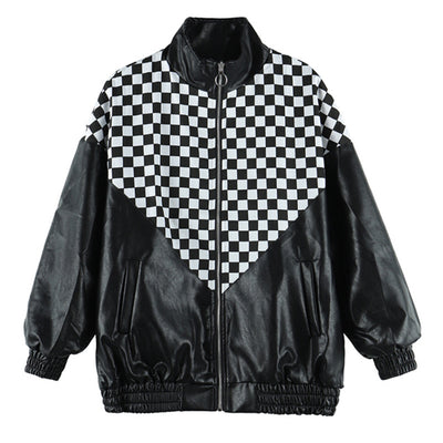 Chaqueta de Cuero PU con Costuras Tartán Blanco y Negro - Image 2