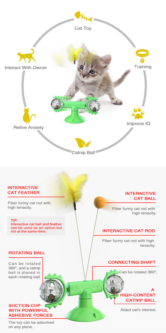 Yellow cat turntable windmill toy with a smiling face, spring, rotating arms, and a feather wand. Two kittens play with the toy. - Image 14