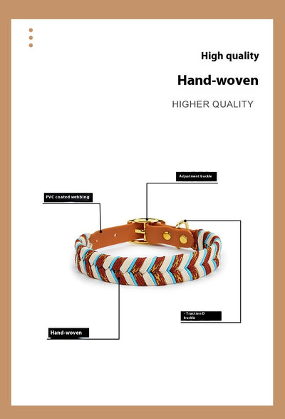 Braided dog collar with chevron pattern in cream and brown, featuring a cream strap and gold-tone metal buckle. - Image 10