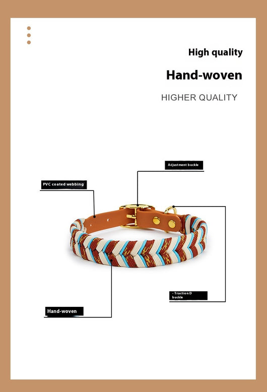 Braided dog collar with chevron pattern in cream and brown, featuring a cream strap and gold-tone metal buckle. - Image 10