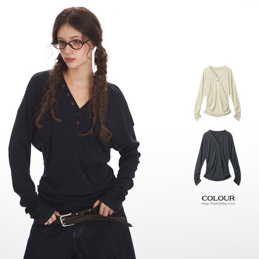 Blusa Elegante de Manga Larga con Cuello en V y Cintura Ajustada