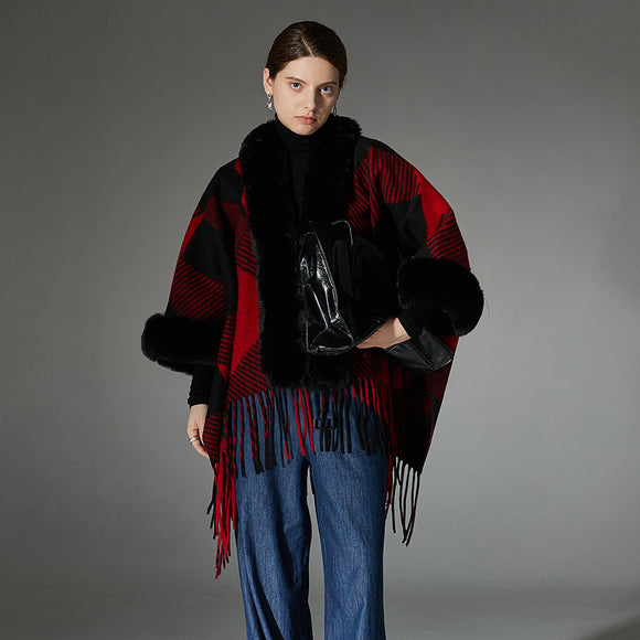 Red Christmas Shawl with Faux Fur Collar, Jacquard Design, and Geometric Tassels