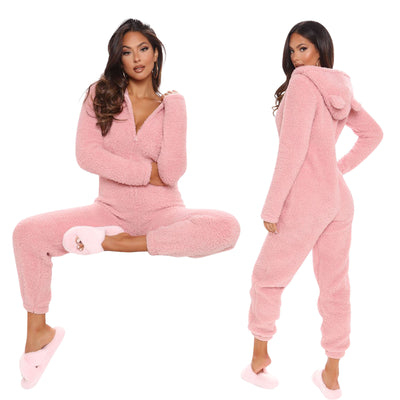 Pijama Enterizo Cálido con Capucha y Orejas - Felpa Suave de Color Liso - Image 23