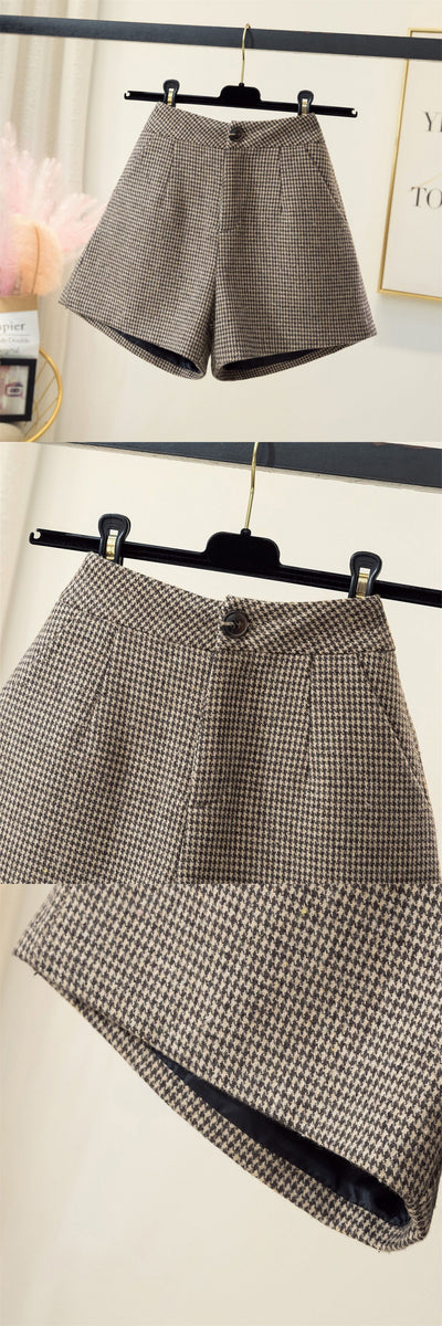 Shorts de Lana Cuadros Cintura Alta Pierna Ancha para Otoño e Invierno - Image 12