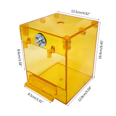 Transparent yellow square bird bath with a front perch and metal attachment for external cage mounting. - Image 12