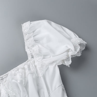 Vestido Blanco con Panel de Encaje y Cintura Anudada - Image 34