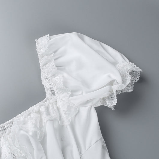 Vestido Blanco con Panel de Encaje y Cintura Anudada - Image 34