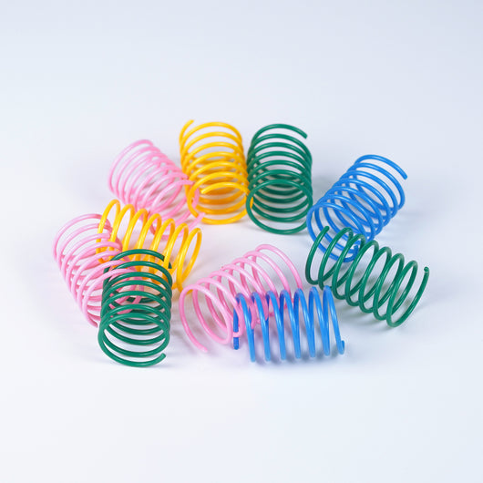 Four colorful plastic spring cat toys in blue, green, yellow, and pink on a white background. - Image 6
