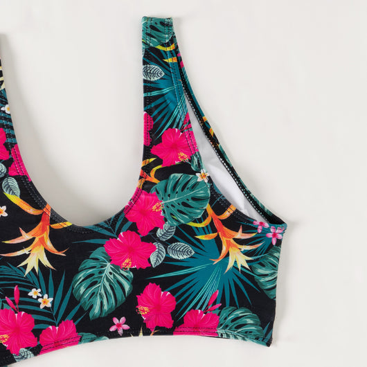 Multicolor tropical print three-piece swimsuit set with high-waisted bikini and sheer mesh cover-up on a beach. - Image 37