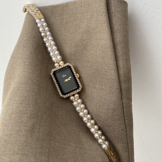 Reloj de Pulsera Cuarzo Perla Negra Cuadrado con Diamantes Plata - Image 8