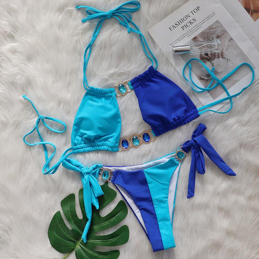 Bikini Bandage Patchwork Diamante Cristal - Traje de Baño Europeo Dividido - Image 9