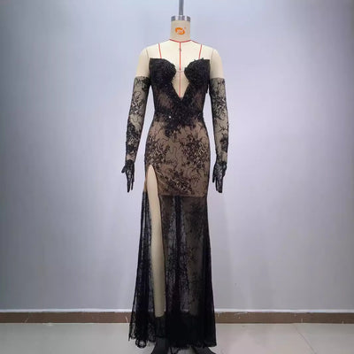 Vestido Largo Ajustado Negro con Encaje y Malla - Diseño Elegante con Abertura - Image 5