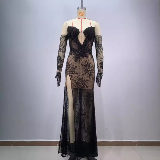 Vestido Largo Ajustado Negro con Encaje y Malla - Diseño Elegante con Abertura - Image 5