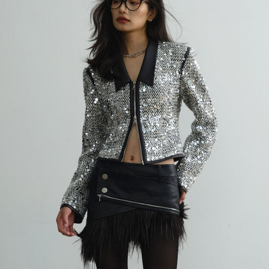 Chaqueta Corta Urbana Retro Moderna con Lentejuelas y Cuello Bajo - Image 12