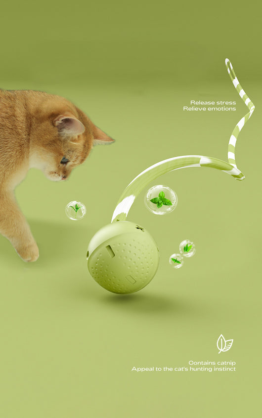 Light green interactive cat ball toy with a green and white striped flexible wand, shown with a white USB charging cable. - Image 7