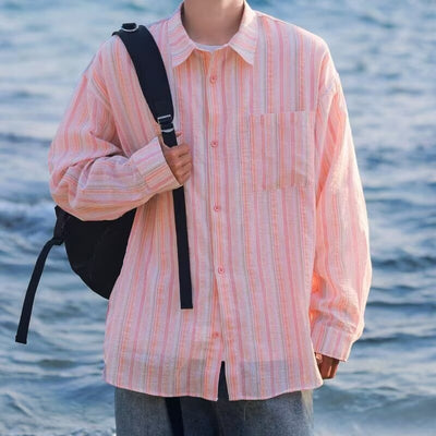 Camisa de Manga Larga Protección Solar Holgada a Rayas para Hombre - Image 4