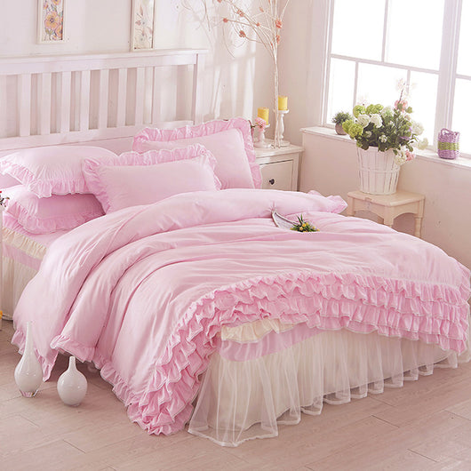 Juego de Cama Princesa con Encaje - Cubrecama Estilo Falda de Cama Cuatro Piezas Color Sólido - Image 24