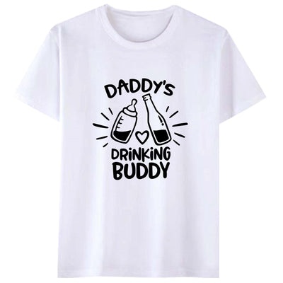 White short-sleeve t-shirt with a black graphic of a baby bottle and a beverage bottle clinking, and "DRINKING BUDDY" text. - Image 4