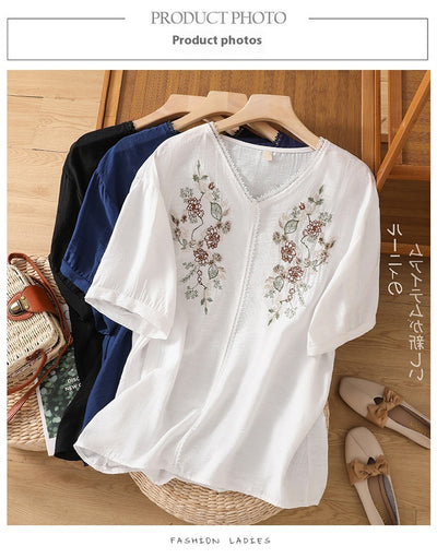 Blusa Suelta de Algodón y Lino con Escote V y Manga Corta para Mujer - Image 38