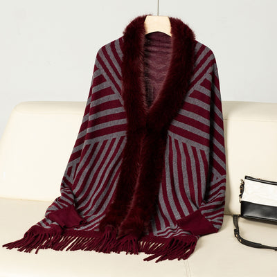 Poncho Tejido de Rayas Otoño Invierno con Flecos Elegante - Image 23