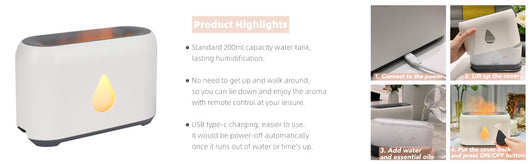 White aroma diffuser with a 3D flame effect and a gold water droplet icon, shown with a remote control. - Image 7
