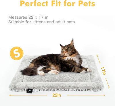 Light gray fluffy pet sleeping mat with a black and white French Bulldog sitting on it. Measures 27.5x18.5 inches. - Image 13