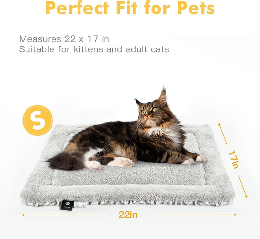 Light gray fluffy pet sleeping mat with a black and white French Bulldog sitting on it. Measures 27.5x18.5 inches. - Image 13