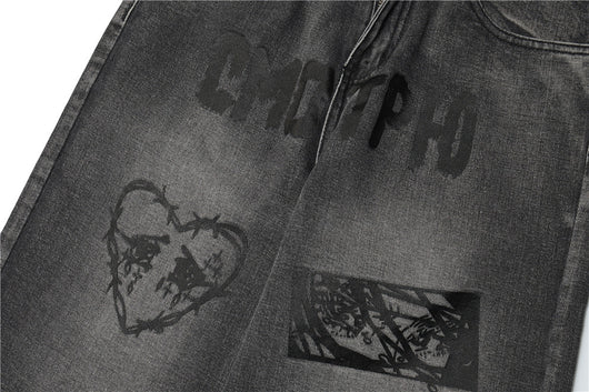 Pantalones Anchos Estilo Urbano con Estampado Cartoon Desgastado para Hombre - Image 11