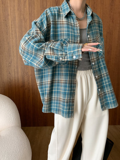 Camisa de Algodón Peinado Estilo Vintage a Cuadros Manga Larga - Image 22
