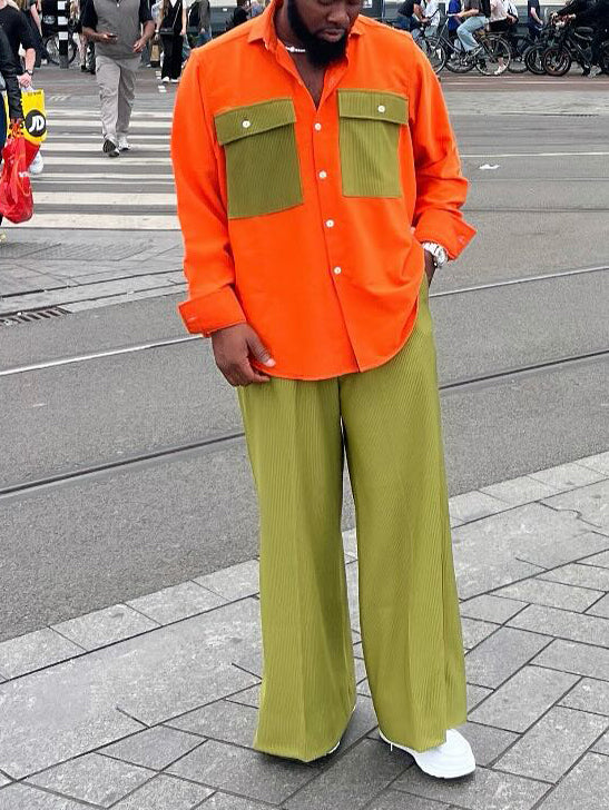 Conjunto Bicolor Naranja y Verde Oliva: Camisa Bloqueada con Pantalón de Pierna Ancha