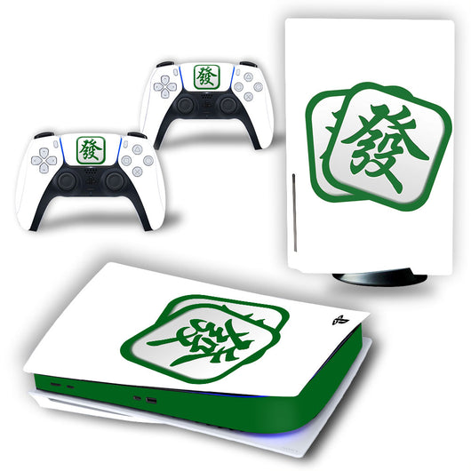 White PS5 console and controller skins with a green Mahjong character design. - Image 8