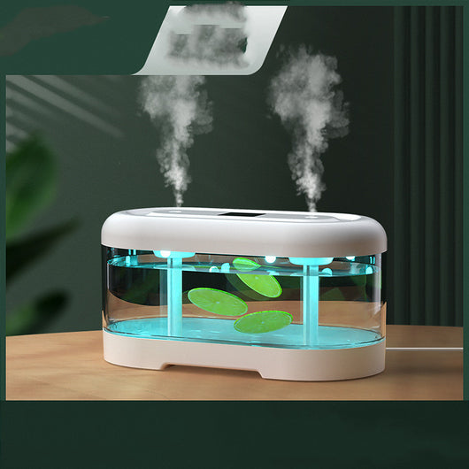 Dark green and clear oval USB humidifier with two mist outlets, shown next to its white product box. - Image 8