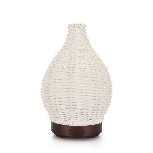Mini ultrasonic aroma diffuser with a brown hollow rattan-style body and a white base, featuring control buttons. - Image 9