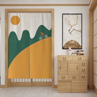 Modern fabric door curtain with abstract green mountains, a dancer silhouette, and a mustard yellow lower section. - Image 16